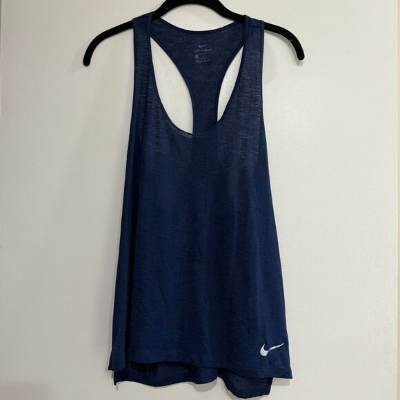 NIKE Women's Dri-Fit Navy Racerback Loose Flowy Tank Slightly Sheer - Large - Picture 1 of 7